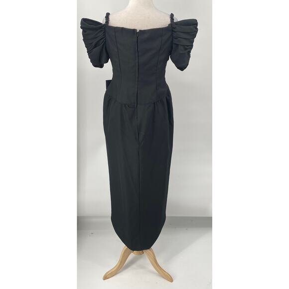 Vintage 80s Off Shoulder Puff Sleeve Bow Waist Tulip Hem Midi Maxi Dress Black 8 - Picture 5 of 10
